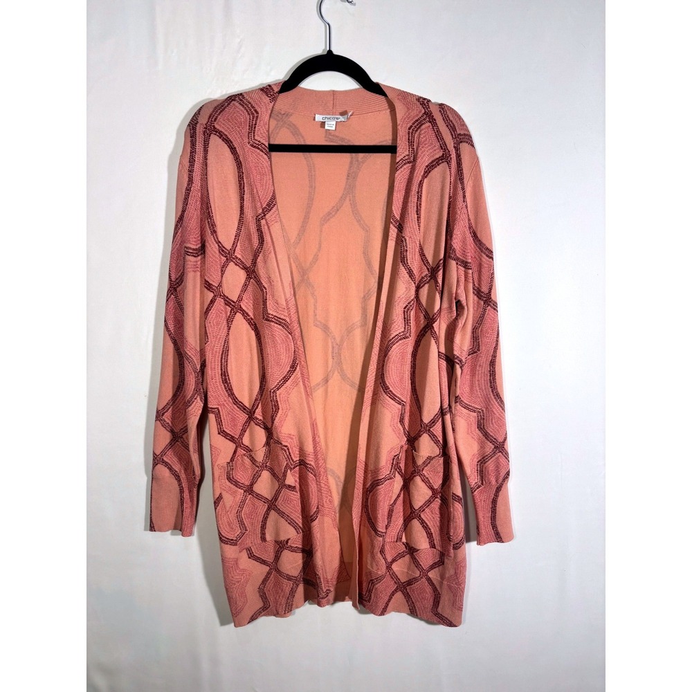 Boho Knit Geometric Lattice Chico's Open Front Cardigan Women Size 2 L